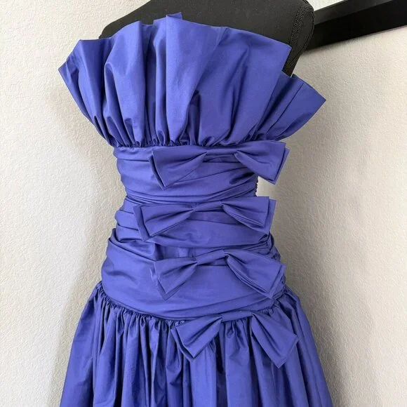 VINTAGE 80s Prom Glam Nili Martin Ruched Bow Strapless Purple Party Dress Sz XS - Picture 9 of 16